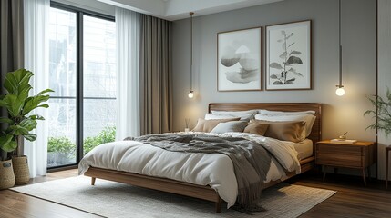 Modern Scandinavian bedroom design with a bed, a plush rug, and a green plant, offering a calm and stylish retreat.