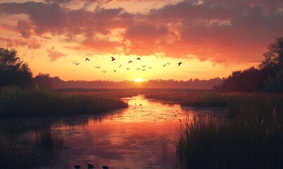Obraz premium A sunset over a lake with a flock of birds flying in the sky
