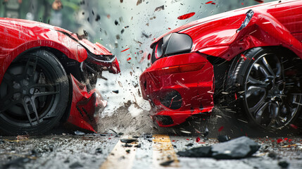 Red car is smashed into a pile of rocks by an orange car. The scene is chaotic and violent, with debris flying everywhere. Scene is tense and unsettling, as it depicts a dangerous