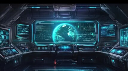 Futuristic Spaceship Bridge with Earth Display