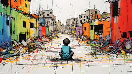 Fototapeta premium Child resilience amid war-torn ruins