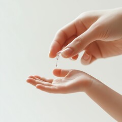 A child's hand is extended to receive a drop of insulin from a parent's hand in a soft-focused, tender moment
