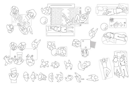 Architectural Drawings, people plan vector in home illustration, top view, Minimal style hand drawn, set elements for architecture and landscape design. Sections, Elevations, Floor Plans.