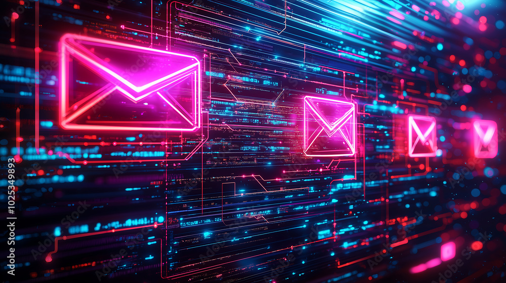 Poster futuristic encrypted email system with glowing neon envelopes in digital cyber network