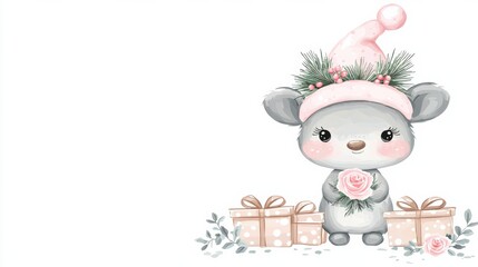 Fototapeta premium Cute Koala with Christmas Gifts and Hat
