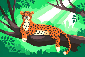 Fototapeta premium A calm leopard rests on a tree limb in a verdant woodland.