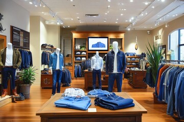 Contemporary men&rsquo;s clothing store interior with wooden floors, display tables featuring mannequins in blue jeans and white shirts, light gray walls, and stylish LED screen showcasing product informati