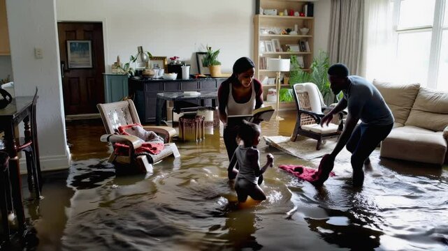 A family struggles to manage water levels in their living room as floodwaters invade during a sudden storm, showcasing resilience and urgency