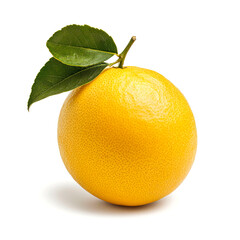 A single, ripe grapefruit with leaves isolated on a white background.