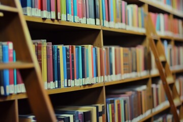 Close-up of colorful books on a library wall with shelves and ladders in the foreground, tranquil atmosphere