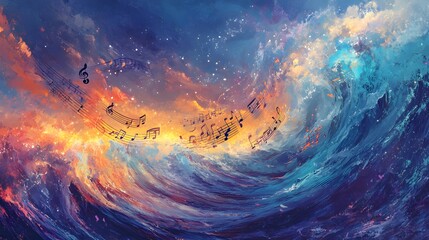 Abstract Watercolor Painting of Music Notes and a Wave