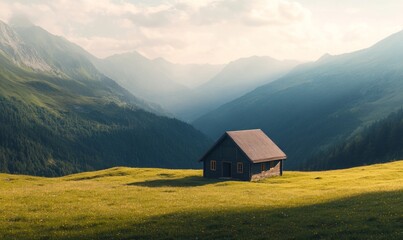 Lonely House Landscape in Mountains