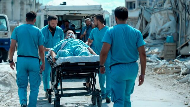 A group of medical professionals transports a seriously wounded man through the devastation of a conflict-affected area