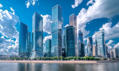 Fototapeta premium Low angle view of skyscrapers, in river