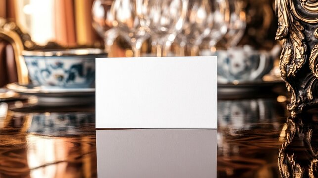 A blank card on an elegant table setting, suggesting a formal dining or event context.