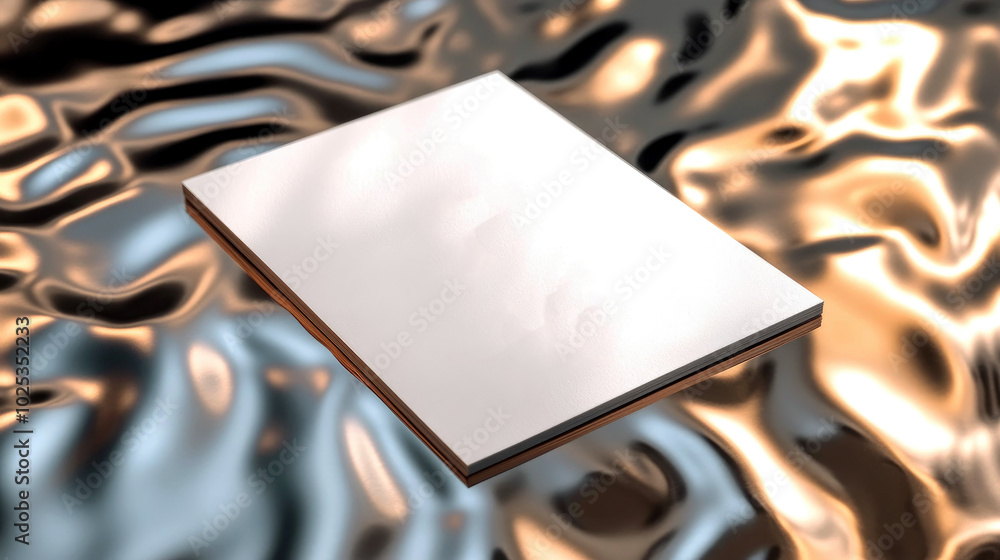 Poster A blank notebook rests on a reflective surface, creating a serene and artistic composition.