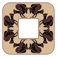Square frame ornament with funny winged bird men. Ancient Greek male siren or harpy. Fantastic mythological creature. Vase painting style. 