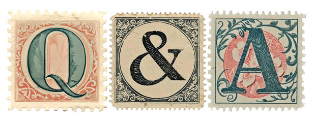 Q&A png vintage postage stamp alphabet design, transparent background