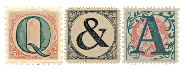 Q&A png vintage postage stamp alphabet design, transparent background