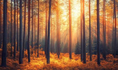 Fototapeta premium Photo of tall pine trees in a forest with sunlight filtering through, highlighting the autumn colors of orange and brown, providing a serene and peaceful atmosphere