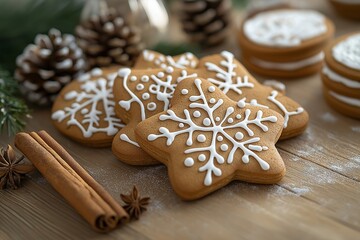 Gingerbread cookies shaped as '2025' on a festive holiday table with cinnamon sticks and pine cones