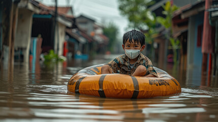 A boy is sitting in a yellow inflatable raft in a flooded street. The boy is wearing a mask and he is in a dangerous situation
