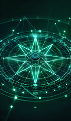 A holographic nautical compass on top of glowing lines representing network communication with sparkles of light in green and blue tones
