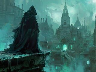 Mysterious Figure in a Foggy Fantasy City