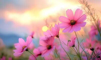 Pink flowers and sunset