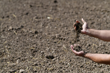 Farmer holding a fertile soil in hands. Agriculture, agribusiness. Gardener holds fertilized soil. Agriculture concept. Gardening season. Soil field.