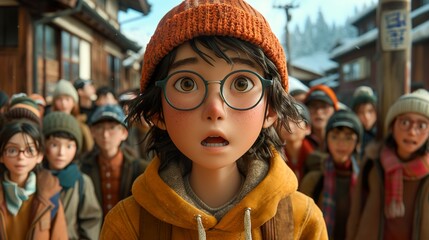 Fototapeta premium Surprised Animated Girl in Winter Street Scene