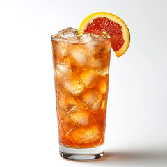 A tall glass filled with ice and a refreshing brown beverage, garnished with a grapefruit wedge.