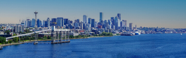 Panoramic view of Seattle and the downtown city skyscrapers from the Pacific Ocean