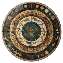 Obraz premium Detailed antique zodiac chart illustrating the twelve astrological signs with representations of celestial bodies and mythical creatures