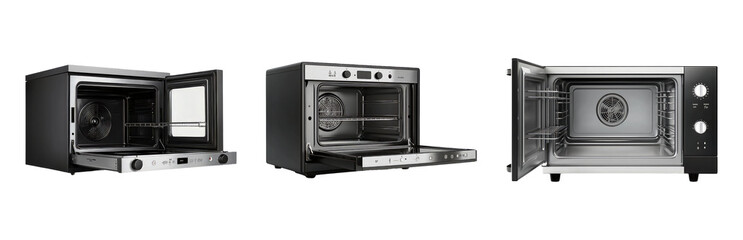 Obraz premium Modern Kitchen Ovens with Open Doors and Interior Views Isolated on Transparent Background