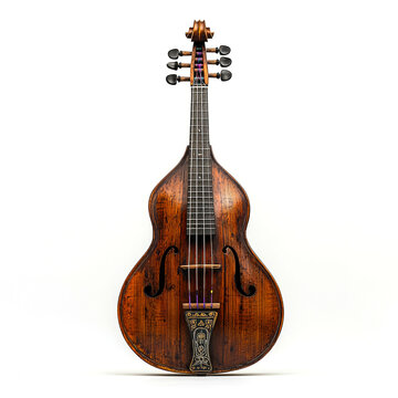 A vintage viola da gamba with a wooden body, six strings, and intricate carvings on the front.