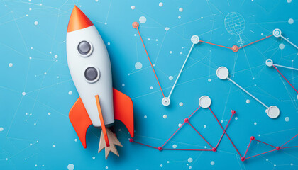 Rocket is on a blue background with a bunch of lines and dots. The rocket is orange and white