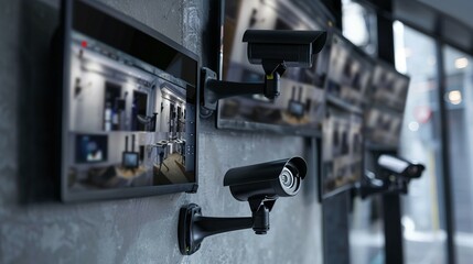 Fototapeta premium Security Cameras Mounted on Wall with Monitor Displaying Live Footage