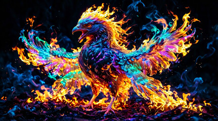 Mythical Phoenix bird rising from the ashes. Stunning, detailed face of Phoenix bird is made of glowing, iridescent feathers made of flames of the colours of orange, purple, blue, green colours