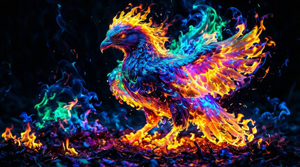 Obraz premium Mythical Phoenix bird rising from the ashes. Stunning, detailed face of Phoenix bird is made of glowing, iridescent feathers made of flames of the colours of orange, purple, blue, green colours