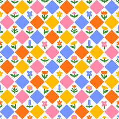 Colorful abstract flower art seamless pattern illustration. Checkered nature floral background in vintage style. Spring season mosaic tile decoration texture, geometric checker drawing print.