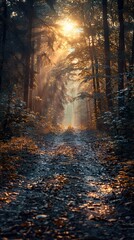 Obraz premium Sunbeams Through Autumn Forest: A Serene Path
