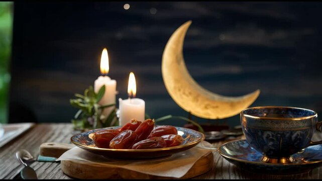 Ramadan feast with dates on a plate, tea and lighted candles. The image of a crescent moon in the background.