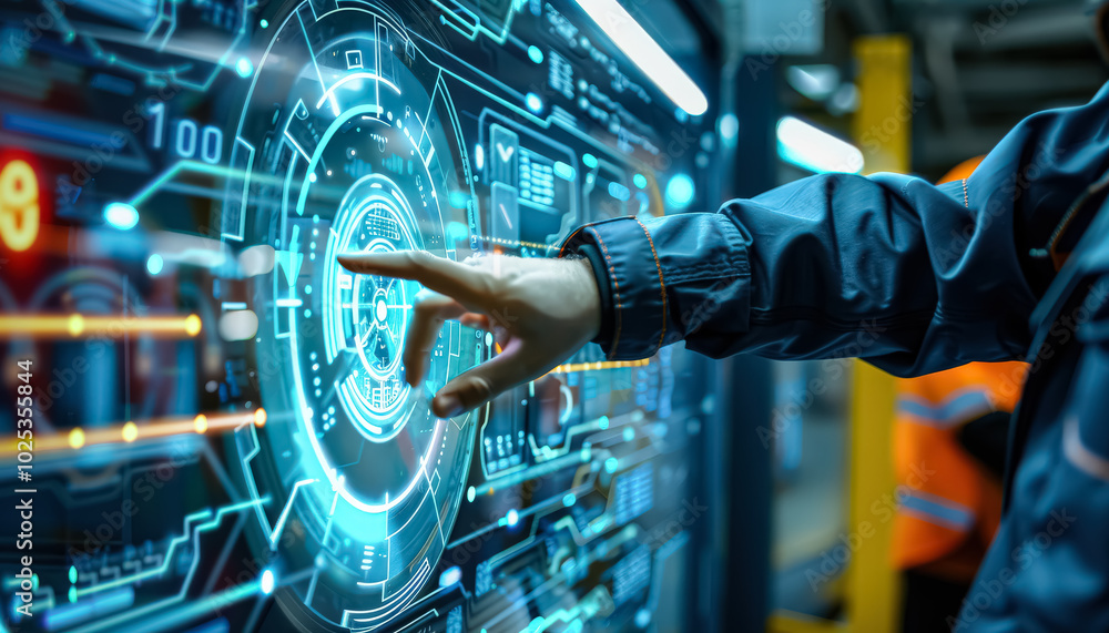 Poster person is pointing at a screen with a blue circle on it. the circle is surrounded by a lot of lines 