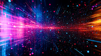 Obraz premium Abstract background with glowing lines, light streaks, and particles in a dark space.