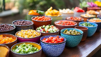 fresh chopped  vegetables in bowls