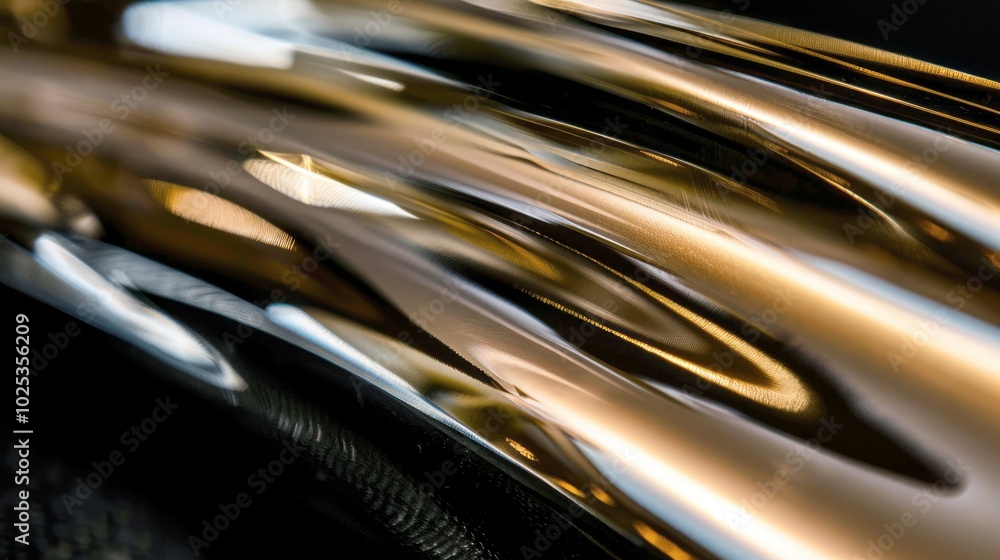Poster a close-up of a shiny, reflective metallic surface with smooth curves and highlights.