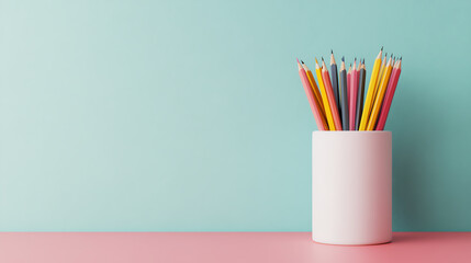 Fototapeta premium A vibrant collection of colored pencils arranged in a white cup, set against a minimalistic pastel background, perfect for creativity and art.