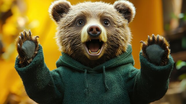 A joyful bear in a green hoodie greets the viewer with excitement, displaying its cute features against a warm, colorful background.