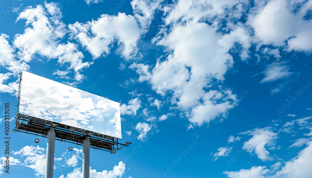 Poster billboard is reflected in the sky, creating a sense of depth and dimension. the blue sky and clouds 